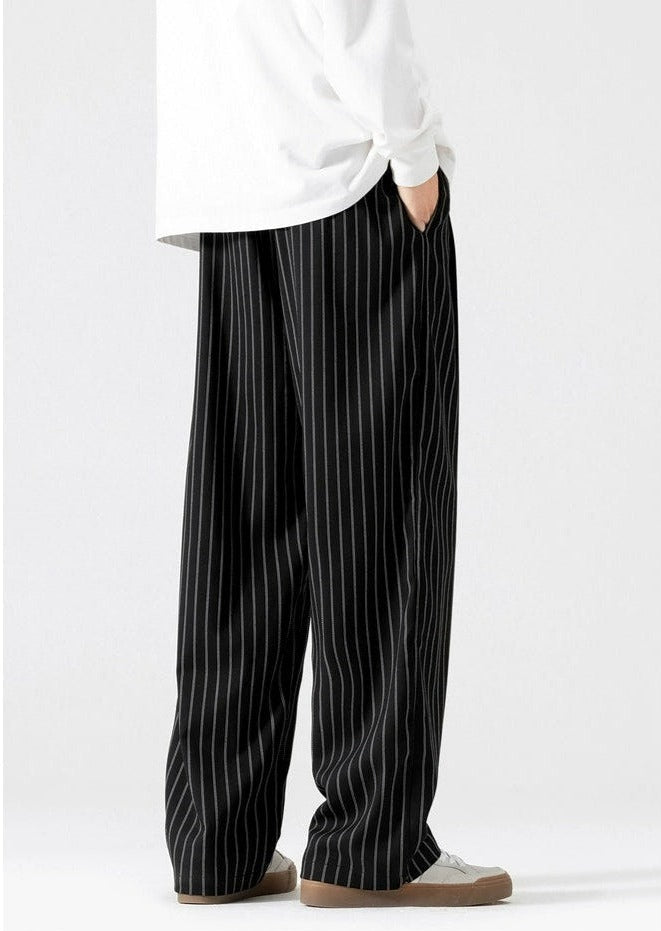 Striped Staight-Leg Elastic Waist Trousers