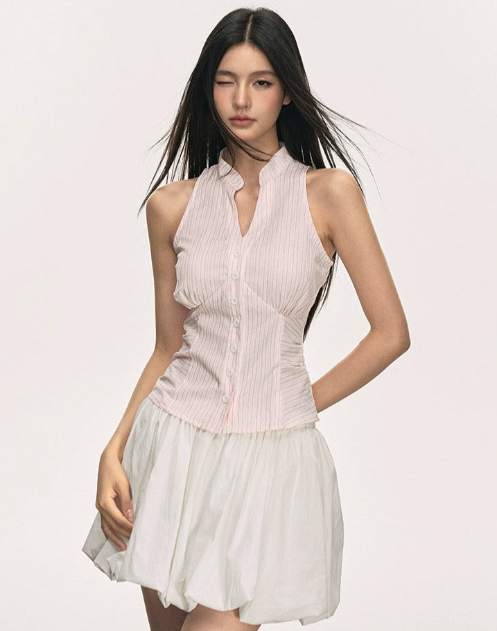 Pinstripe Sleeveless Collared Button-Up Top