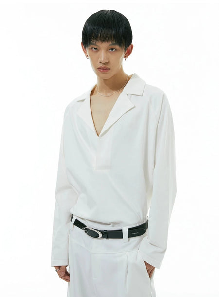 Camp-Collar V-Neck Long Sleeve Shirt