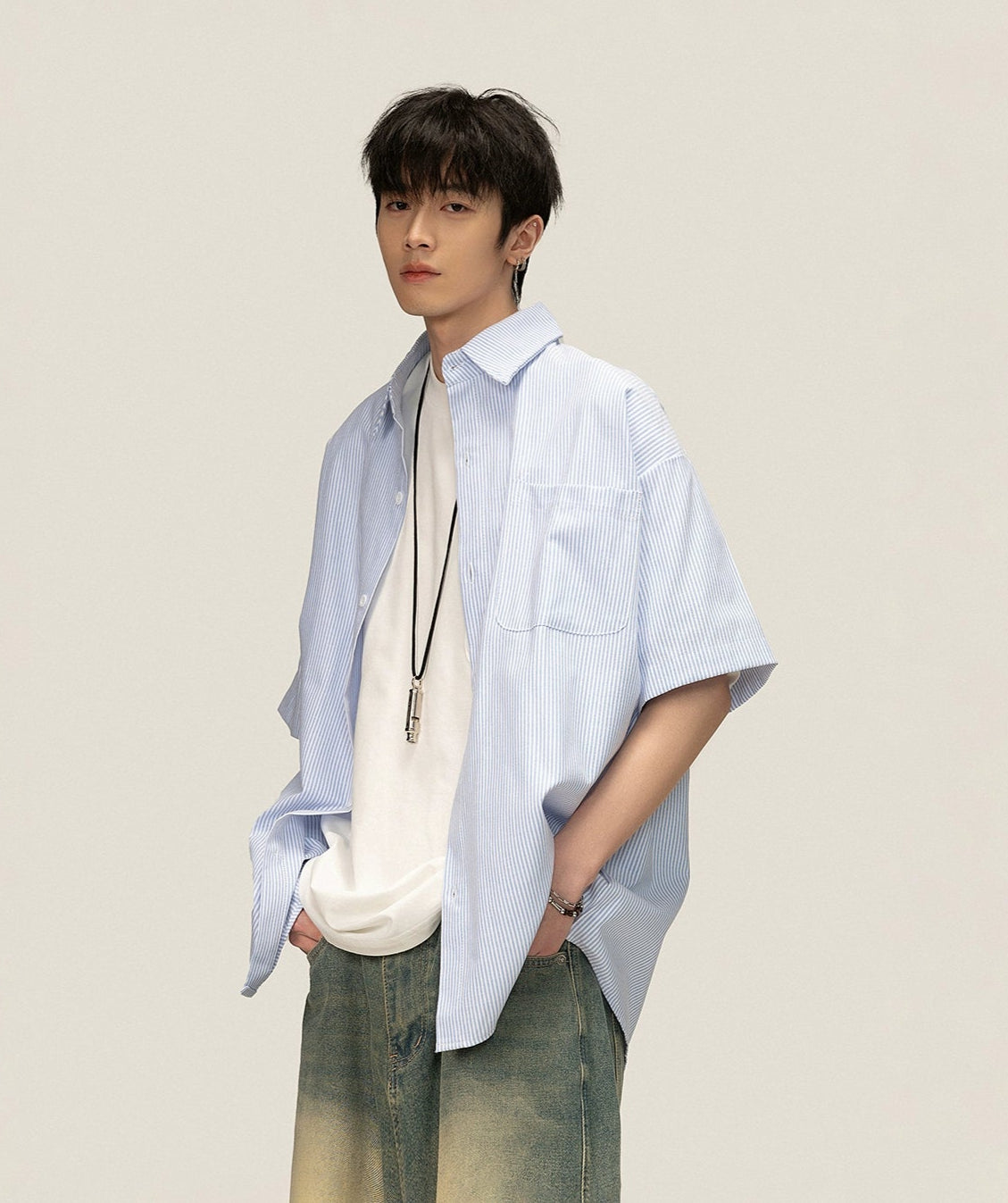 Pinstripe Short Sleeve Button-Up Shirt with Chest Pocket