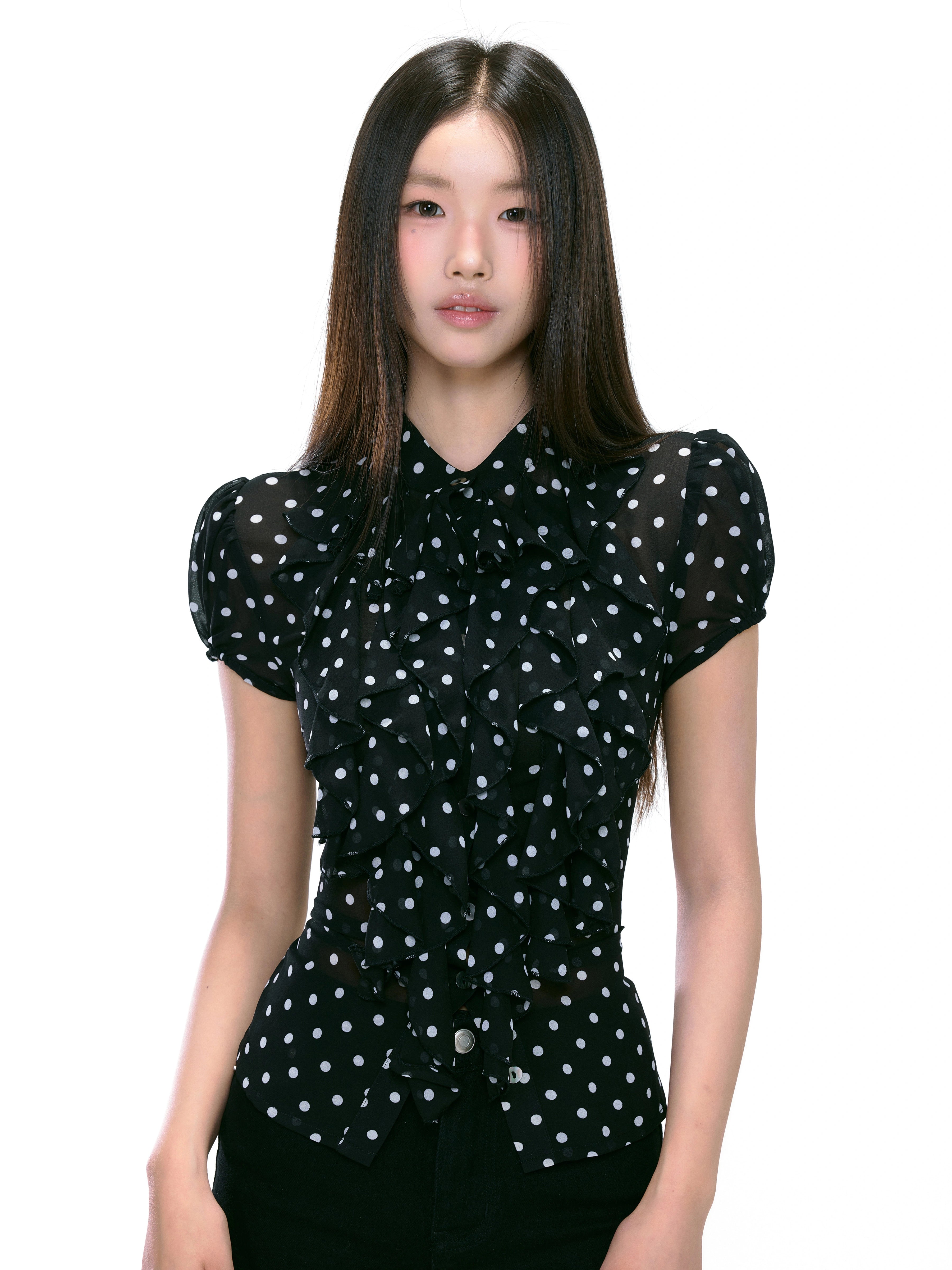 Sheer Ruffle Button-Up Polka Dot Puff Sleeve Top