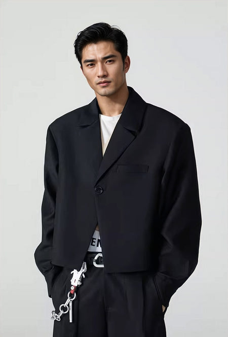 Oversized Mid-Crop Single-Button Notch Lapel Blazer - nightcity clothing