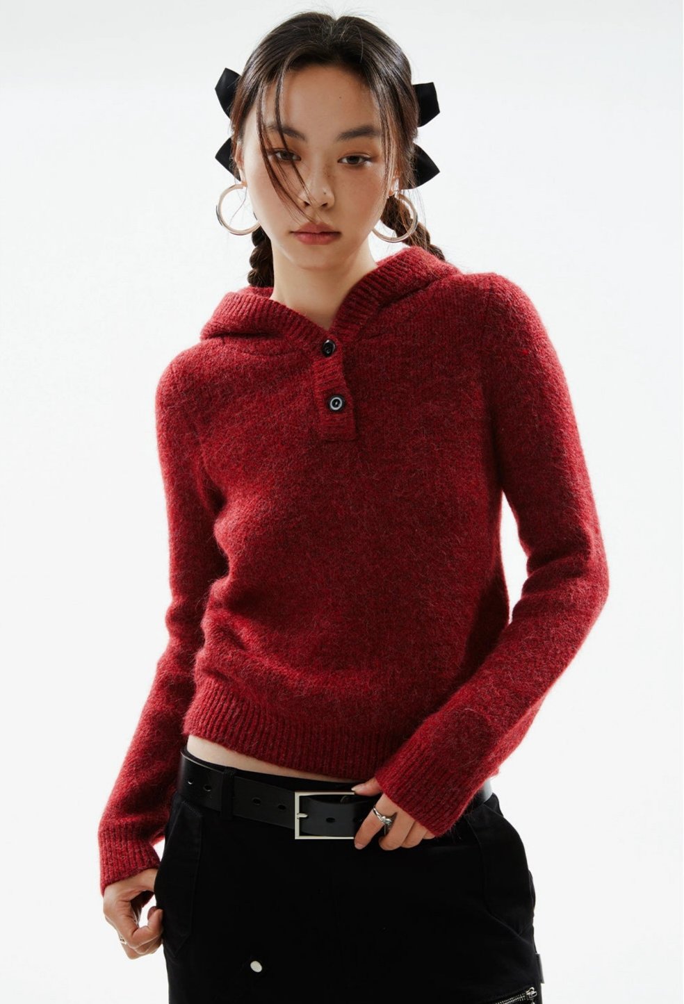 Skinny Ribbed Trim Half Button Knit Hoodie