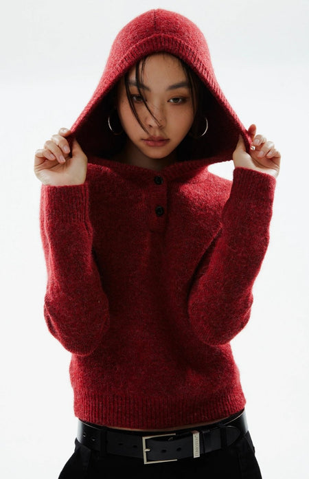 Skinny Ribbed Trim Half Button Knit Hoodie - nightcity clothing