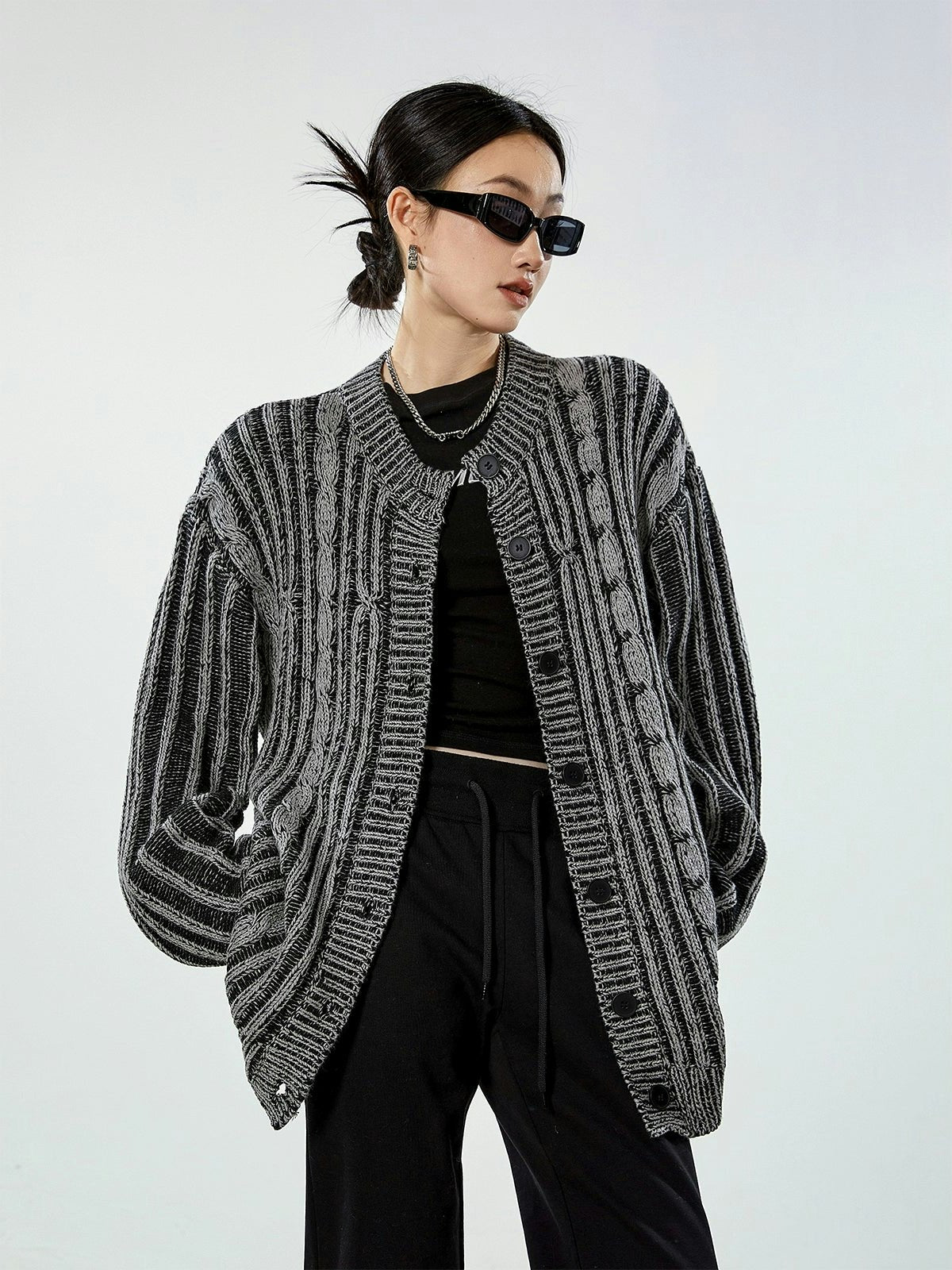 Stripe Cable Knit Pattern Button Cardigan