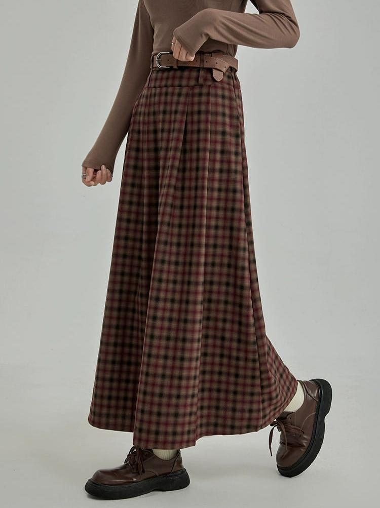 Plaid Pleated Maxi Skirt with Elastic Waist