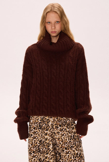Chunky Cable Knit Turtleneck Sweater with Balloon Sleeves