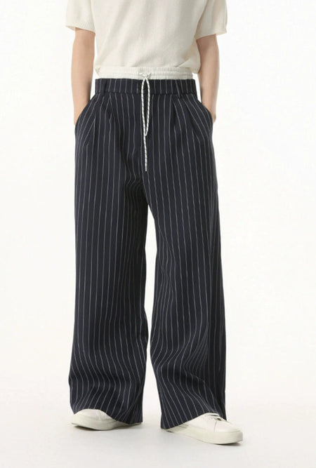 Mock Two-Piece Pinstripe Wide Leg Trousers with Elastic Waist