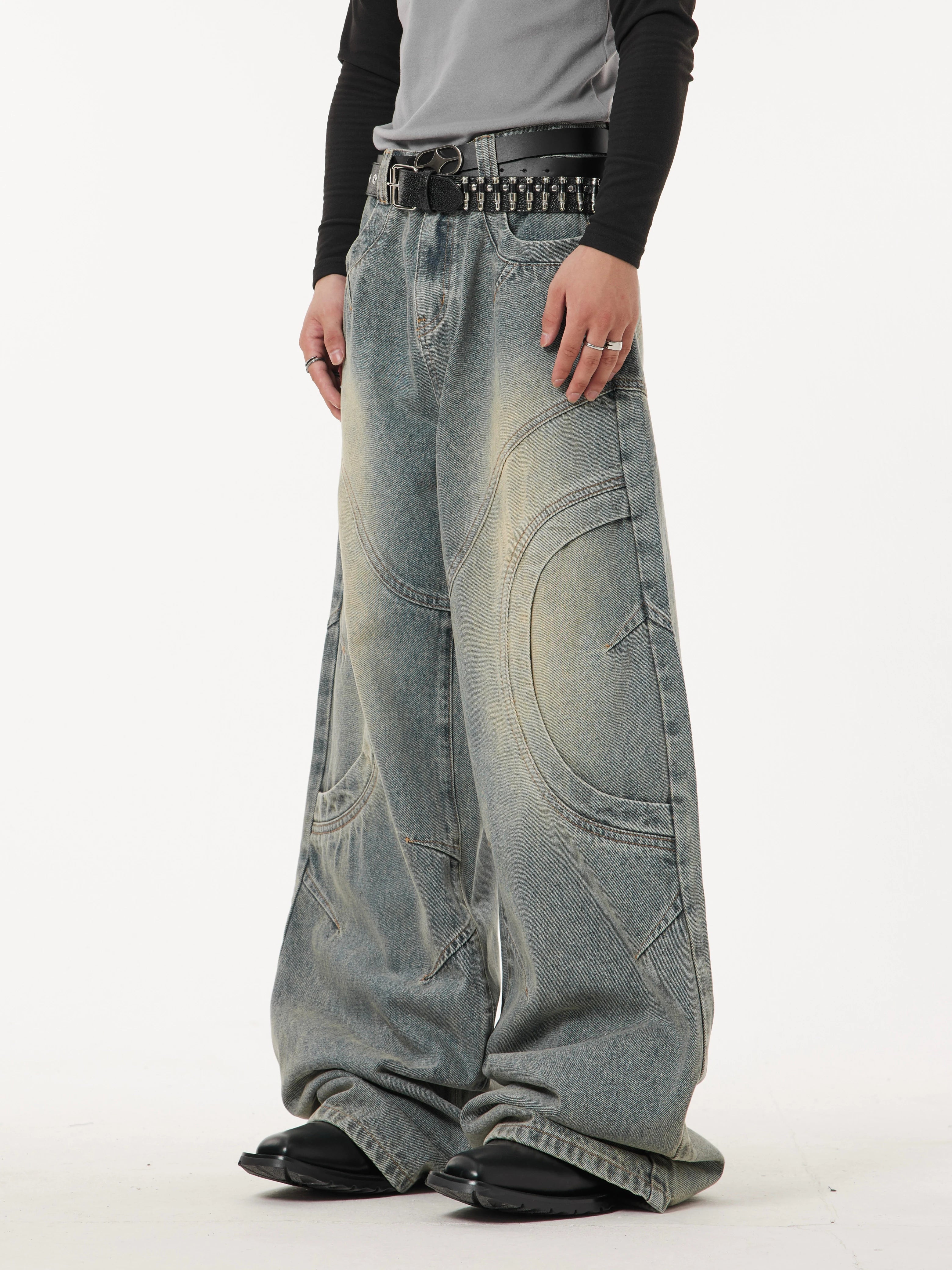Sandblast Faded Wave-Curve Stitch Wide Leg Jeans
