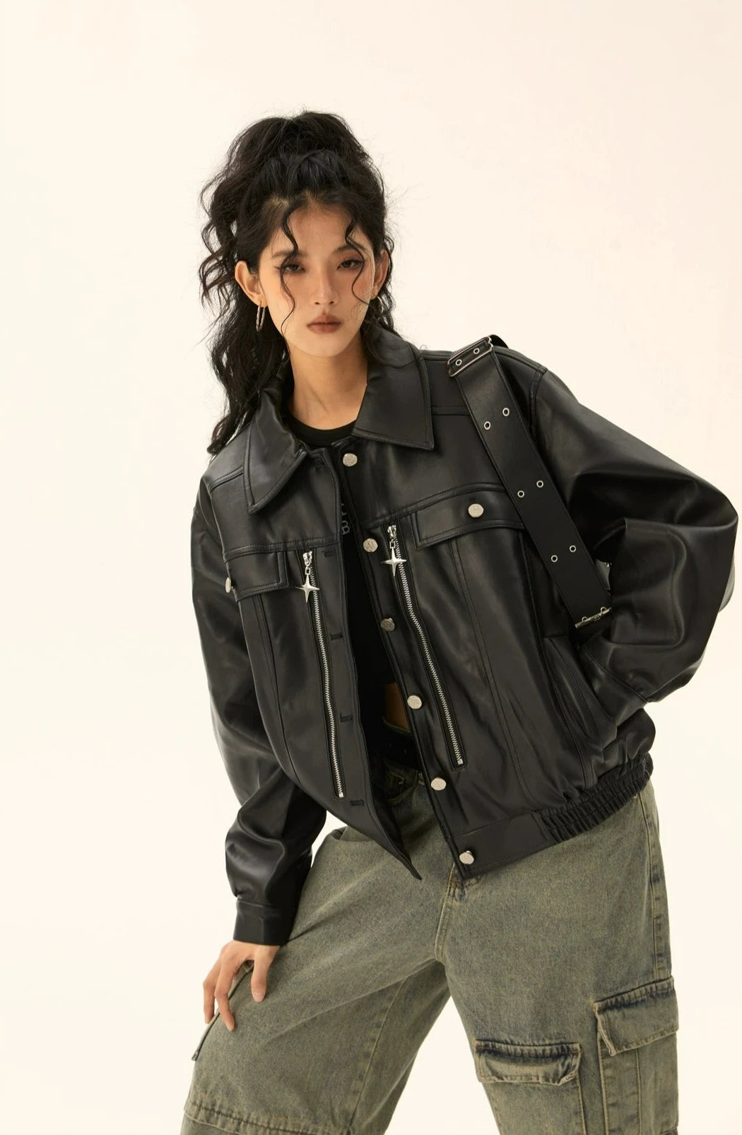Oversized Faux Leather Jacket with Star Pendant Zip Detail