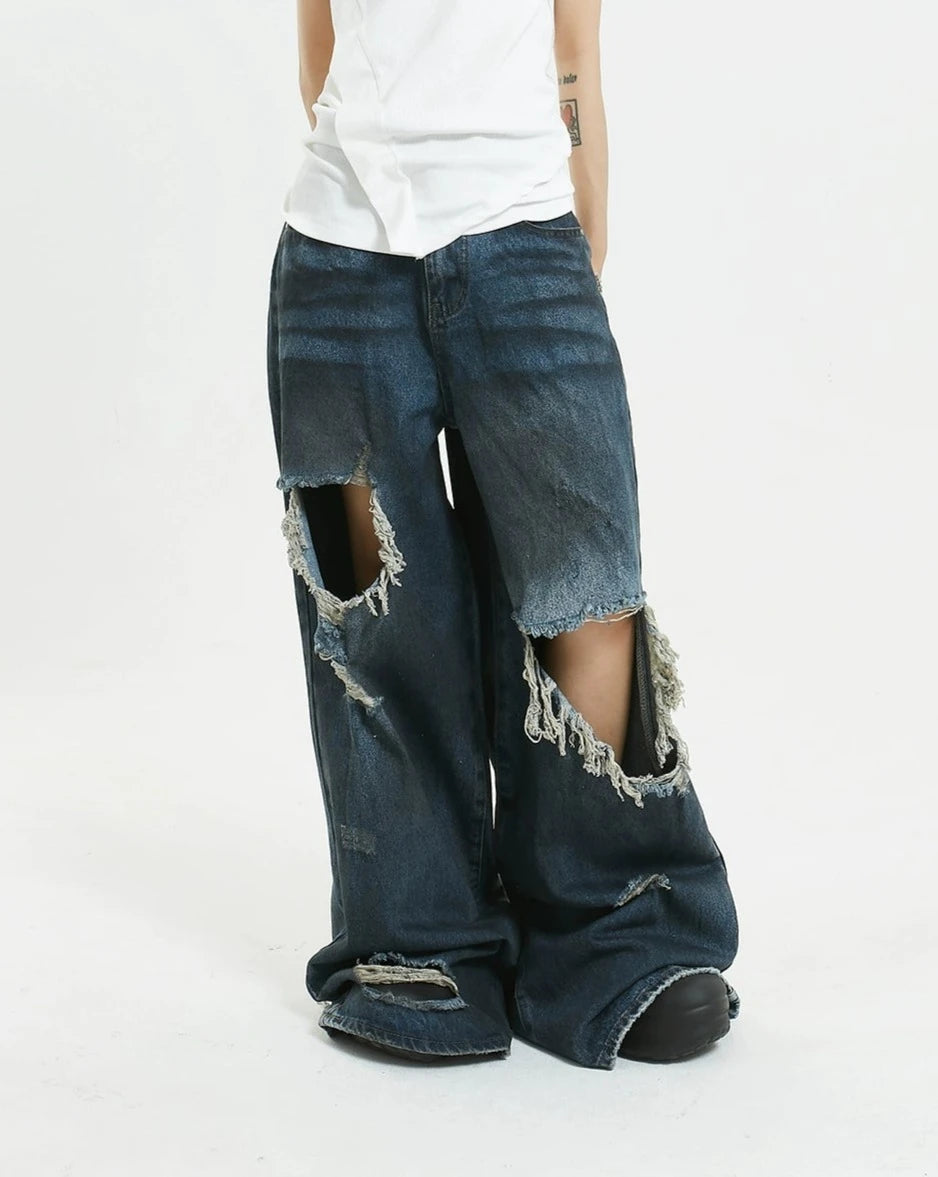 Wide-Leg Distressed Knee-Blown Denim Jeans