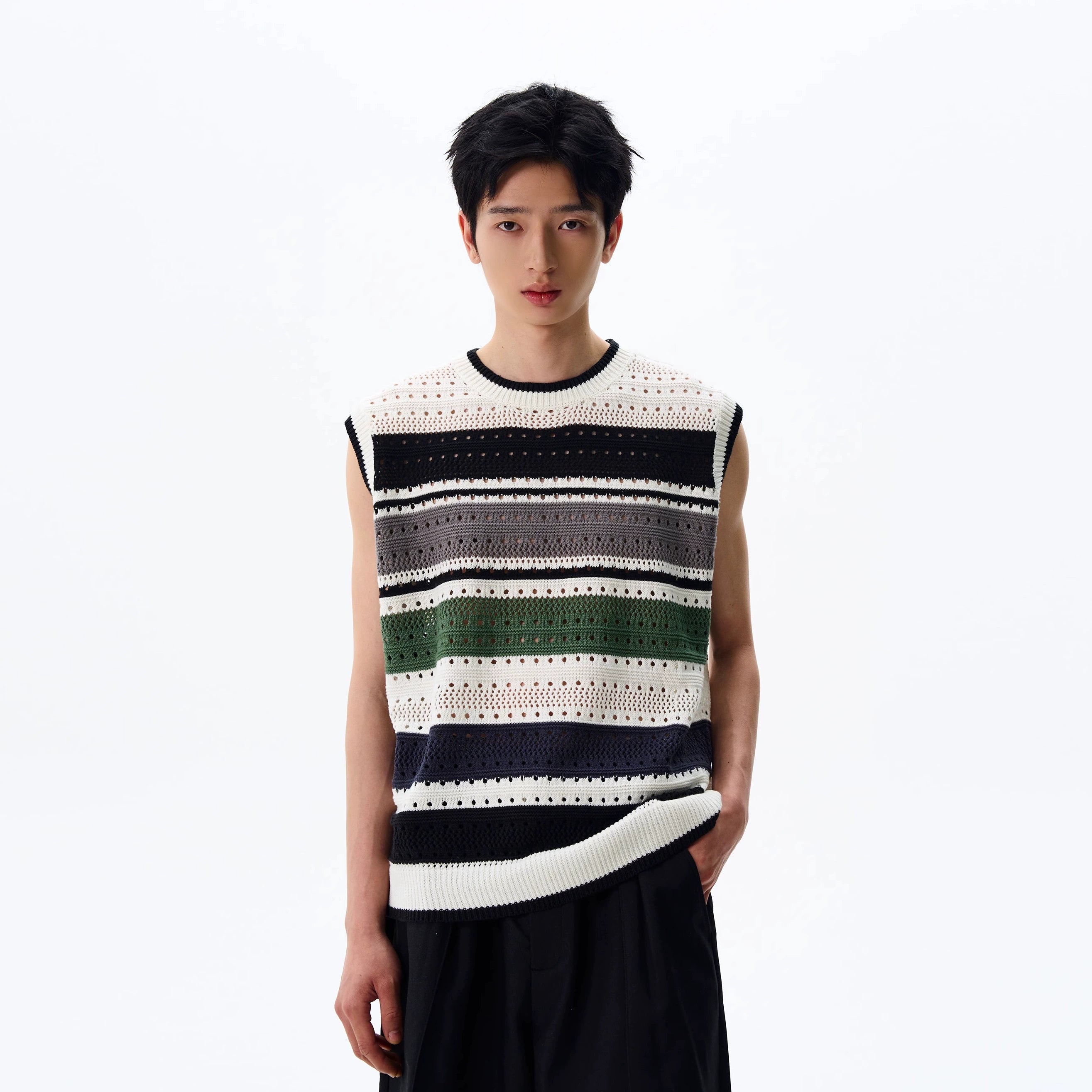 Multi-Color Stripe Ribbed Trim Open Knit Sleeve Top