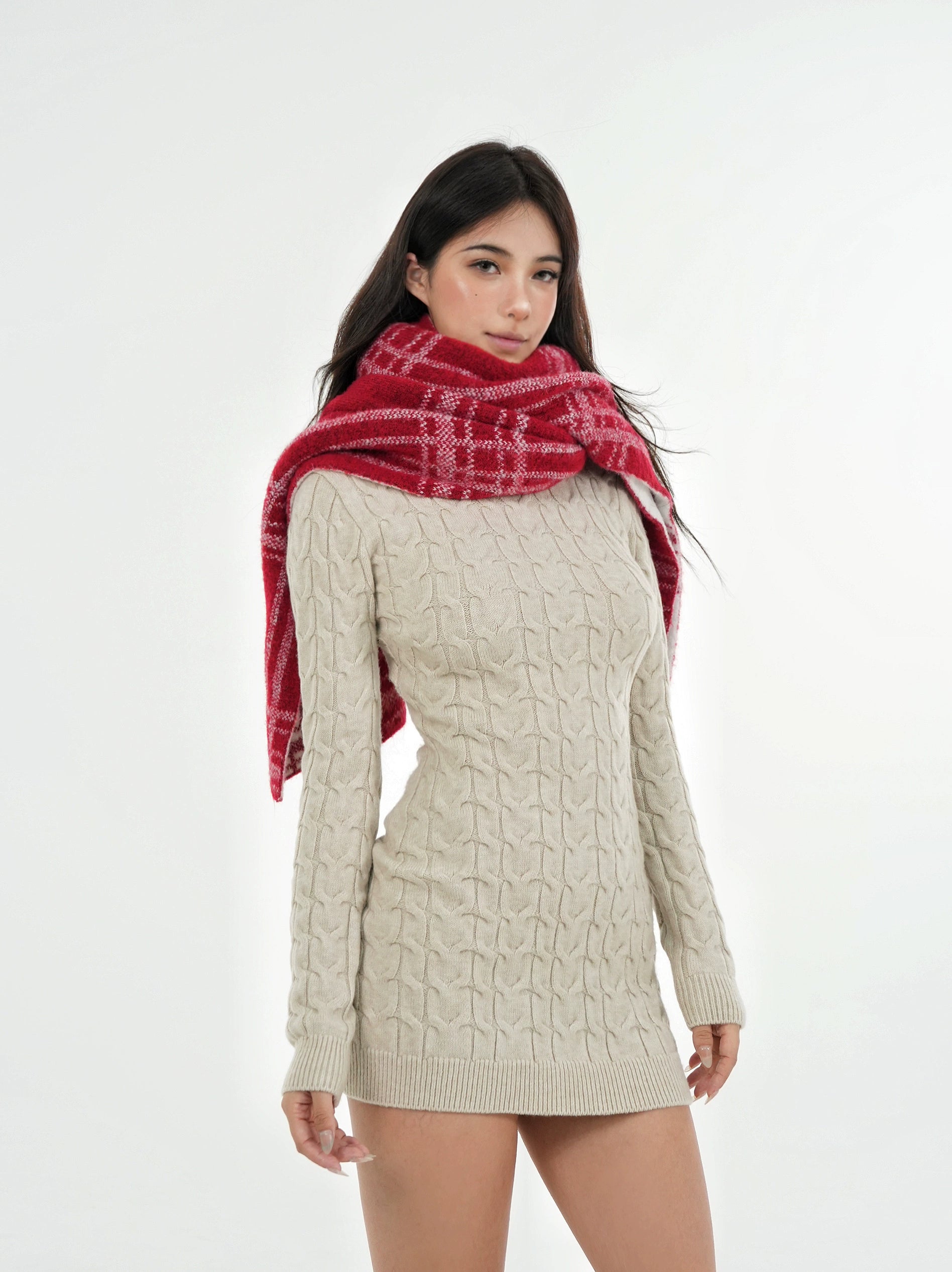 Cable Knit Turtleneck Mini Sweater Dress with Open Back