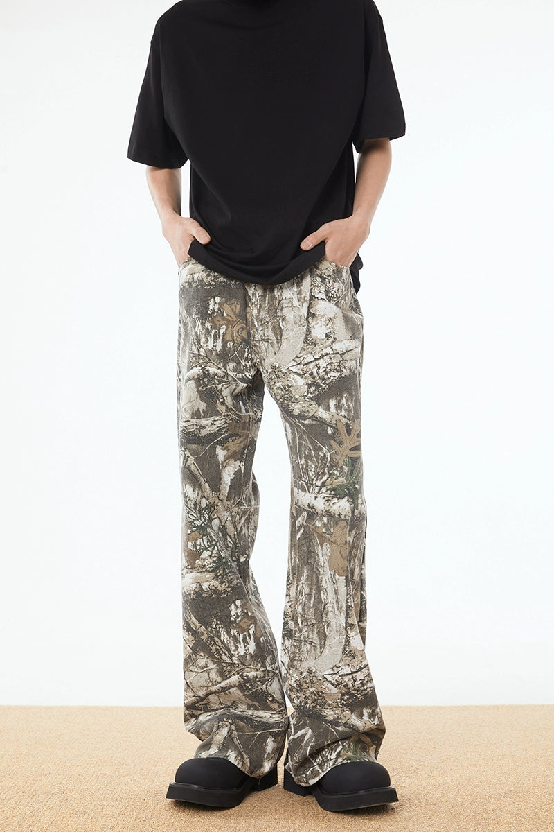 Camo Print Wide-Leg Drawstring Trousers