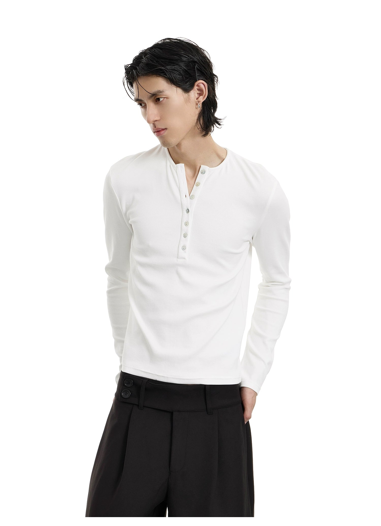Skinny-Fit Henley Button Long Sleeve T-Shirt