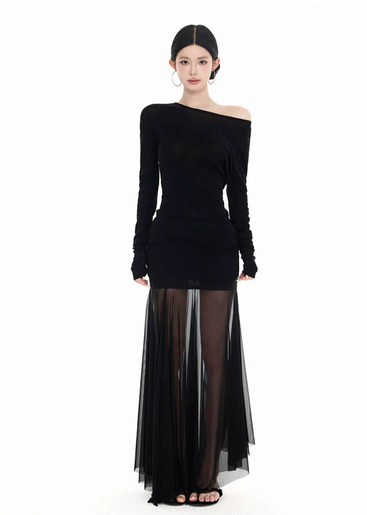 Long Sleeve Off Shoulder Top and Sheer Maxi Skirt Two-Piece Set