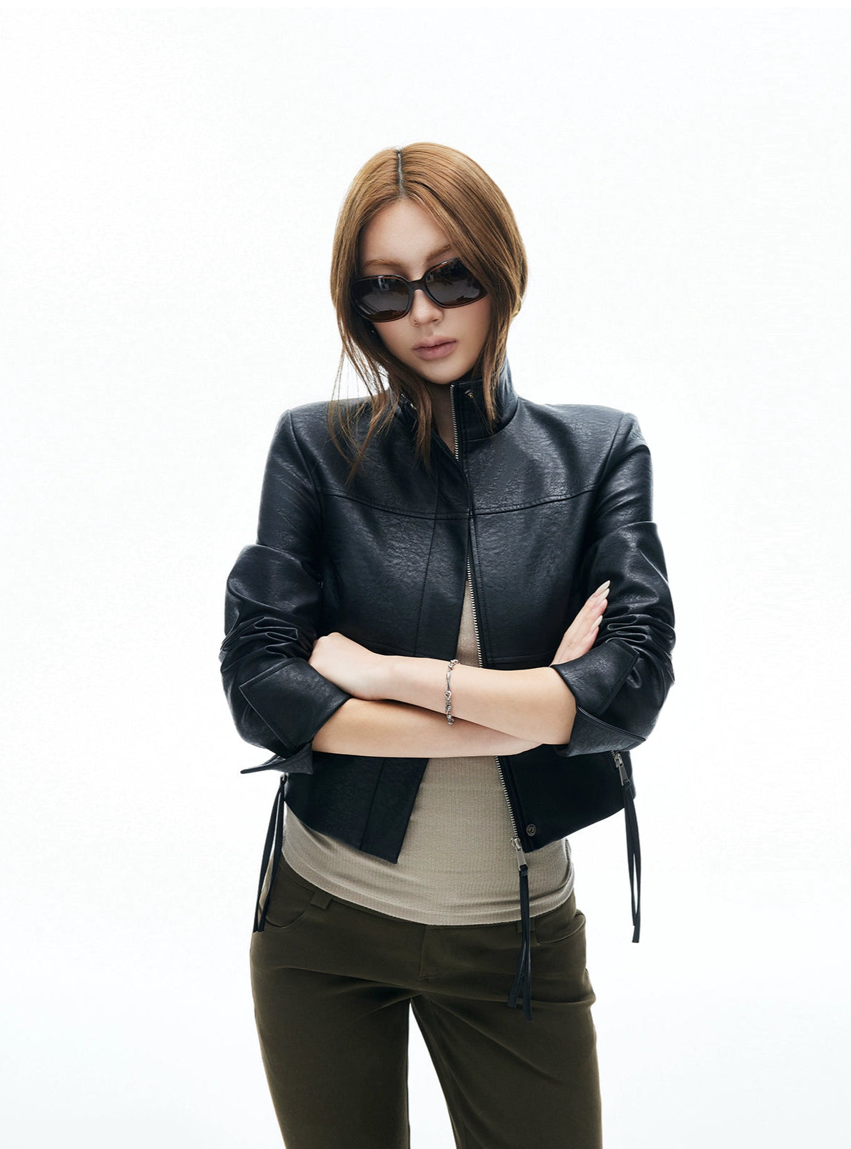 Skinny Faux Leather Cropped Jacket with Zip Tassel Pockets