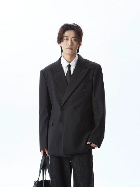 Double Breasted Structured Shoulder Blazer with Wide Lapel - nightcity clothing
