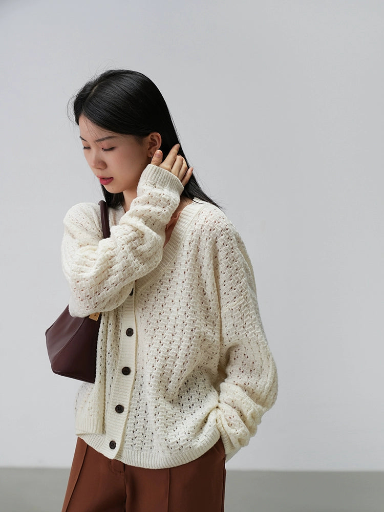 Oversized Open-Knit Button-Down Cardigan