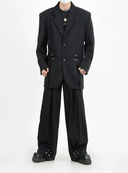 Oversized Blazer and Wide-Leg Trouser Set with Rivet Details