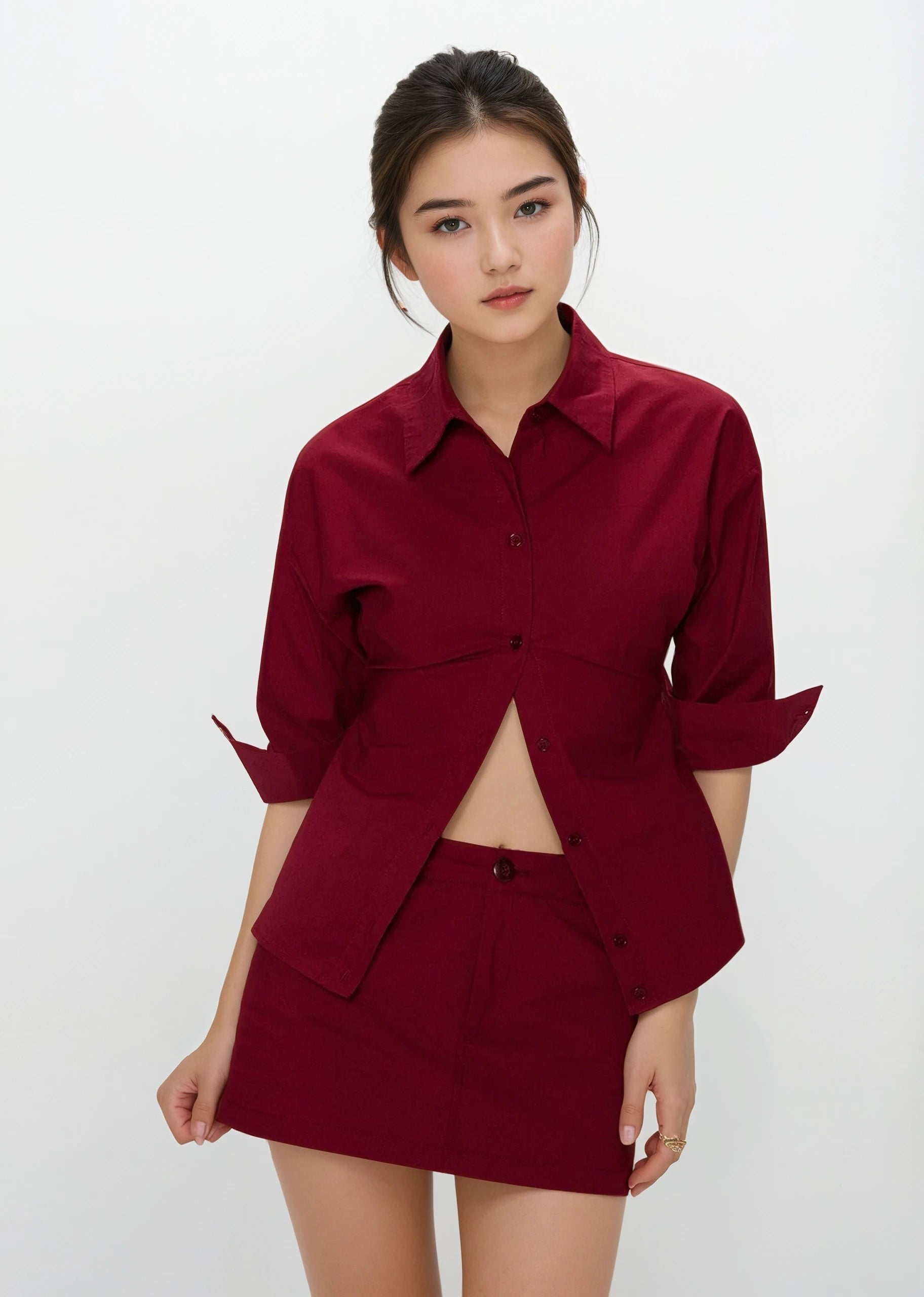 Button-Up 3/4 Sleeve Shirt and Mini Skirt Two-Piece Set