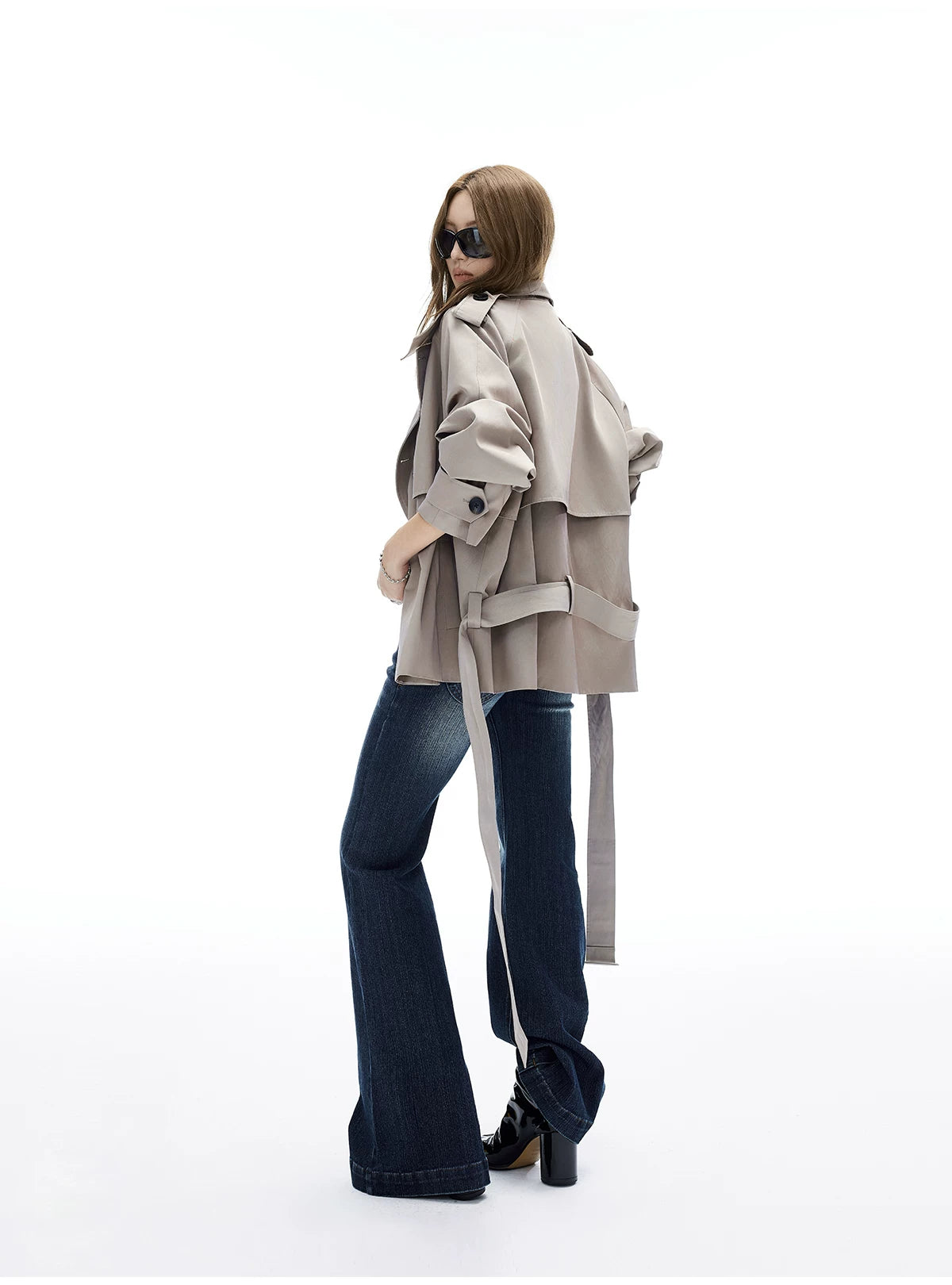 Oversized Mid-Crop Belted Trench Coat - nightcity clothing