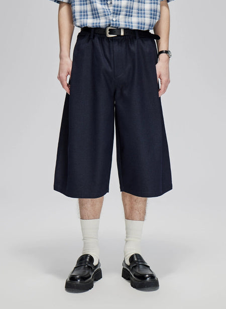 Elastic Waist Wide Leg Pleated Longline Bermuda Shorts