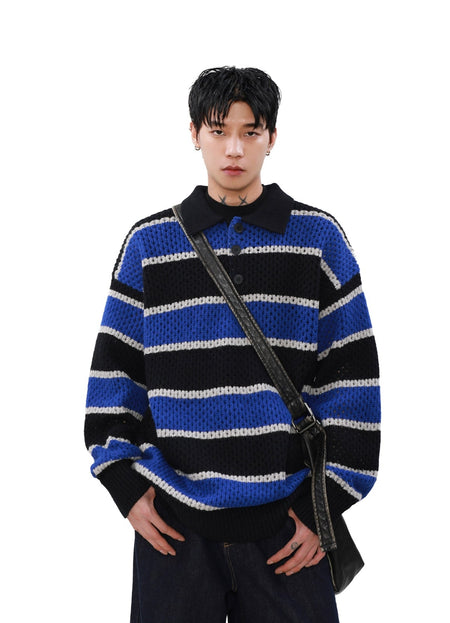 Striped Knit Half Button Collared Sweater