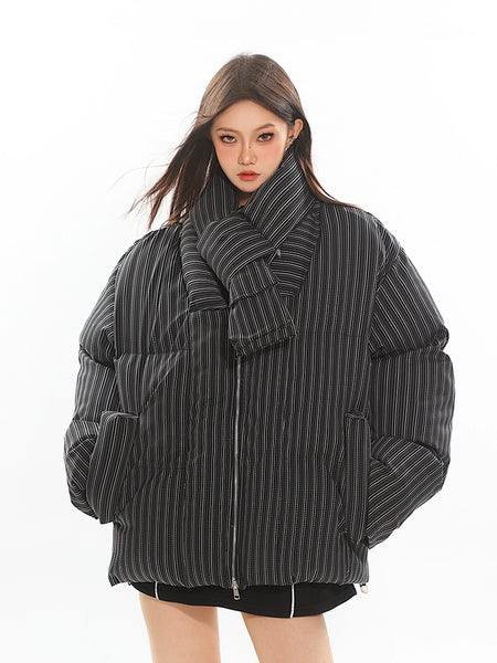 Oversized Pinstripe Puffer Jacket with Scarf