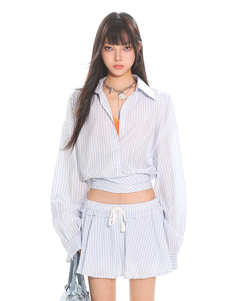 Striped Button-Up Long Sleeve Shirt and Elastic Waist Mini Skirt Two-Piece Set