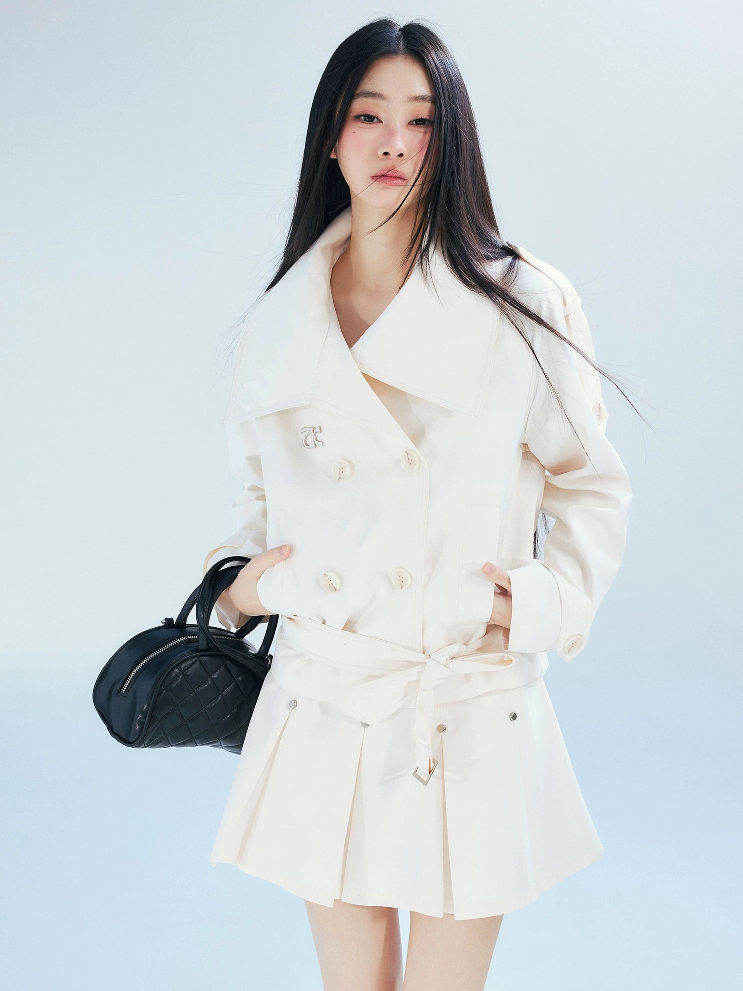 Double-Breasted Cropped Trench Coat with Belt Detail