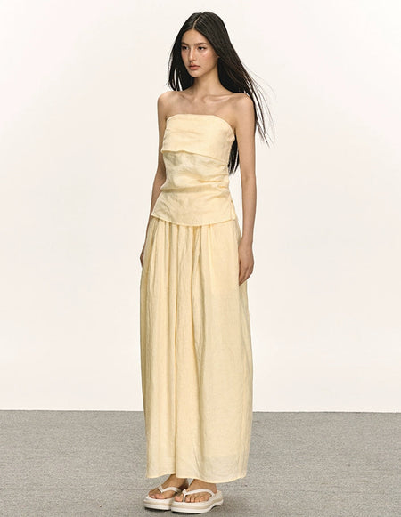Linen Strapless Top and Elastic Waist Maxi Skirt Two-Piece Set - nightcity clothing