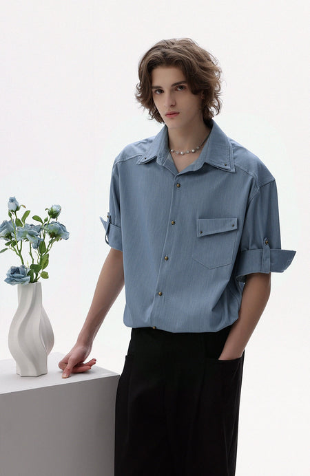 Button-Up Shirt with Rolled Tab Sleeves and Chest Pocket