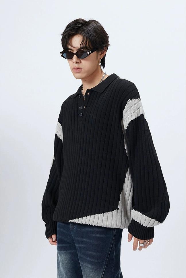 Striped Ribbed Knit Polo Sweater with Contrast Detail