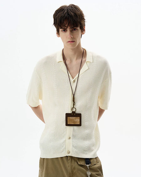 Textured Cable Knit Button-Up Shirt with Spread Collar