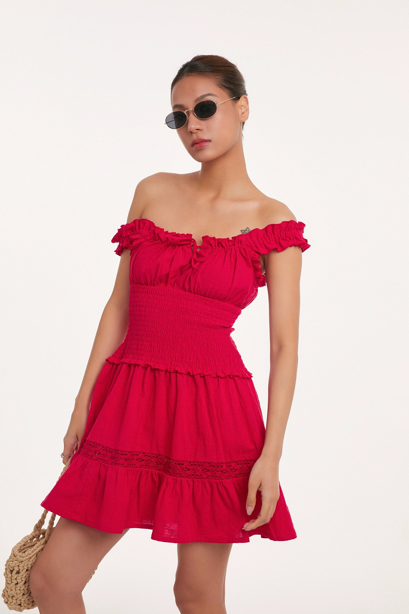 Tiered Bardot Mini Dress with Lace Trim Detail