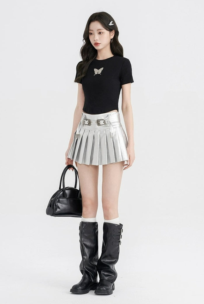 Pleated Mini Skirt With Metal Buckle Street Style