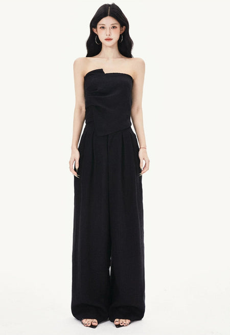 Draped Asymmetric Strapless Top and Wide Leg Pleated Pants Two-Piece Set
