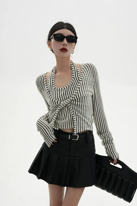 Stripe Halter Neck Knot Long Sleeve Blouse
