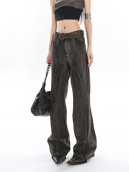 Straight-Leg Washed Denim Jeans with Contrast Stitching