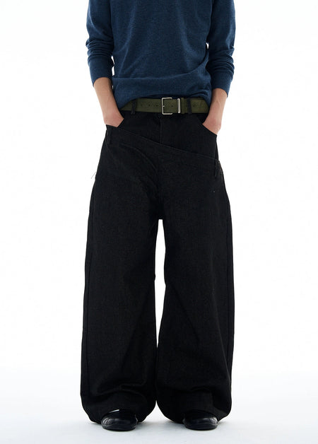 Asymmetric Overlap Yoke Seam Wide-Leg Jeans