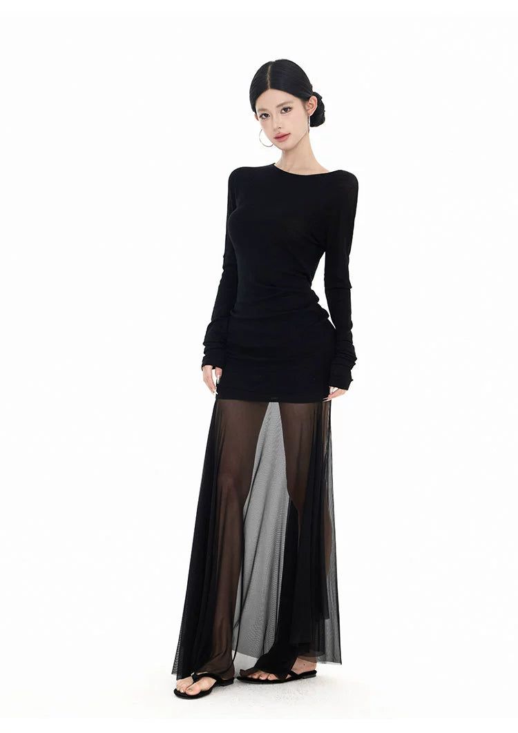 Long Sleeve Off Shoulder Top and Sheer Maxi Skirt Two-Piece Set