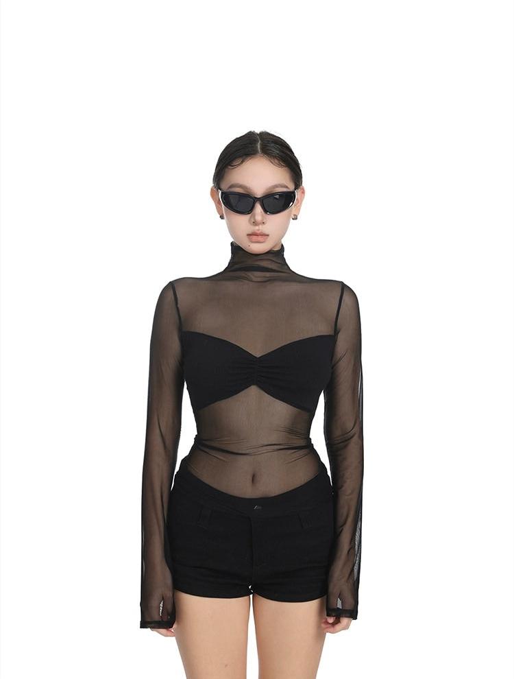 Sheer Turtleneck Top with Solid Bandeau Detail