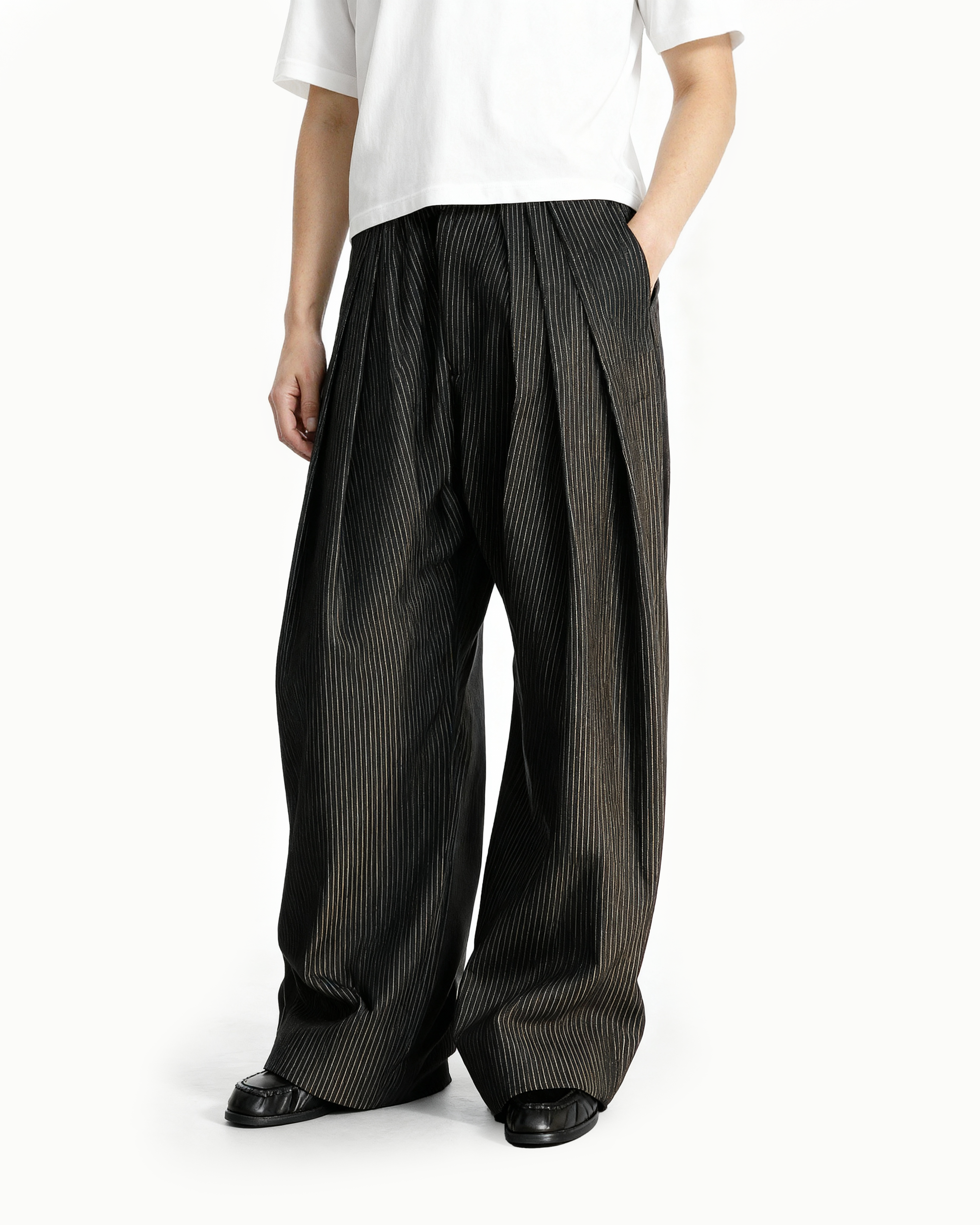 Pinstripe Wide Leg Semi-Flare Multi Pleated Pants