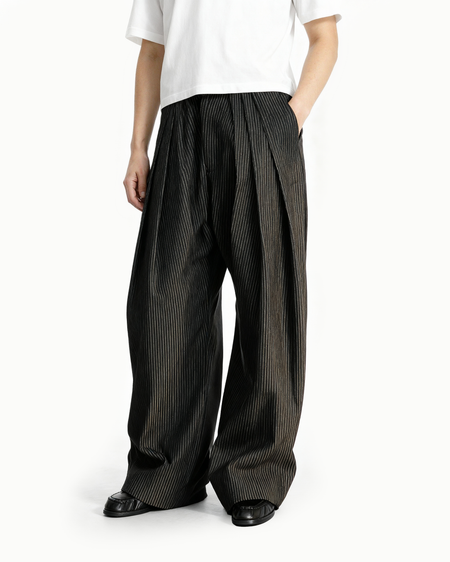 Pinstripe Wide Leg Semi-Flare Multi Pleated Pants - nightcity clothing