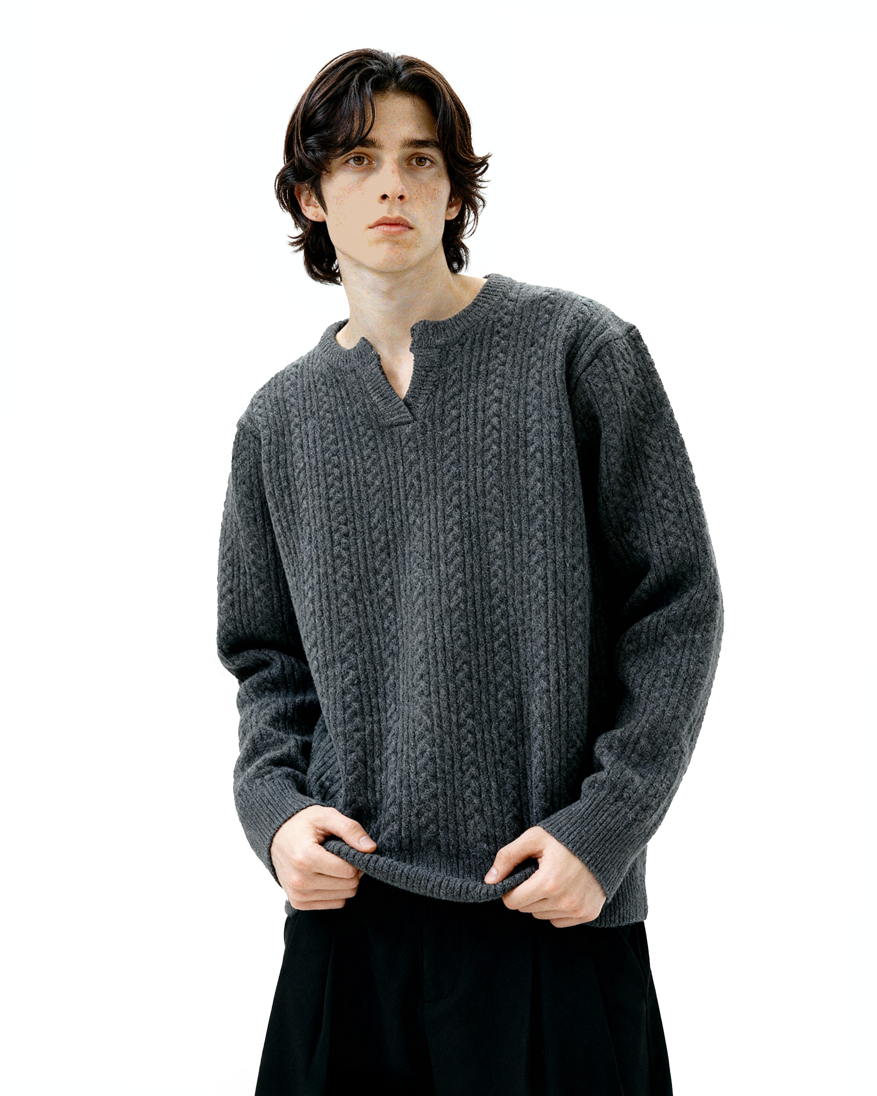 Cable Knit Notch-Neck Henley Pullover - nightcity clothing