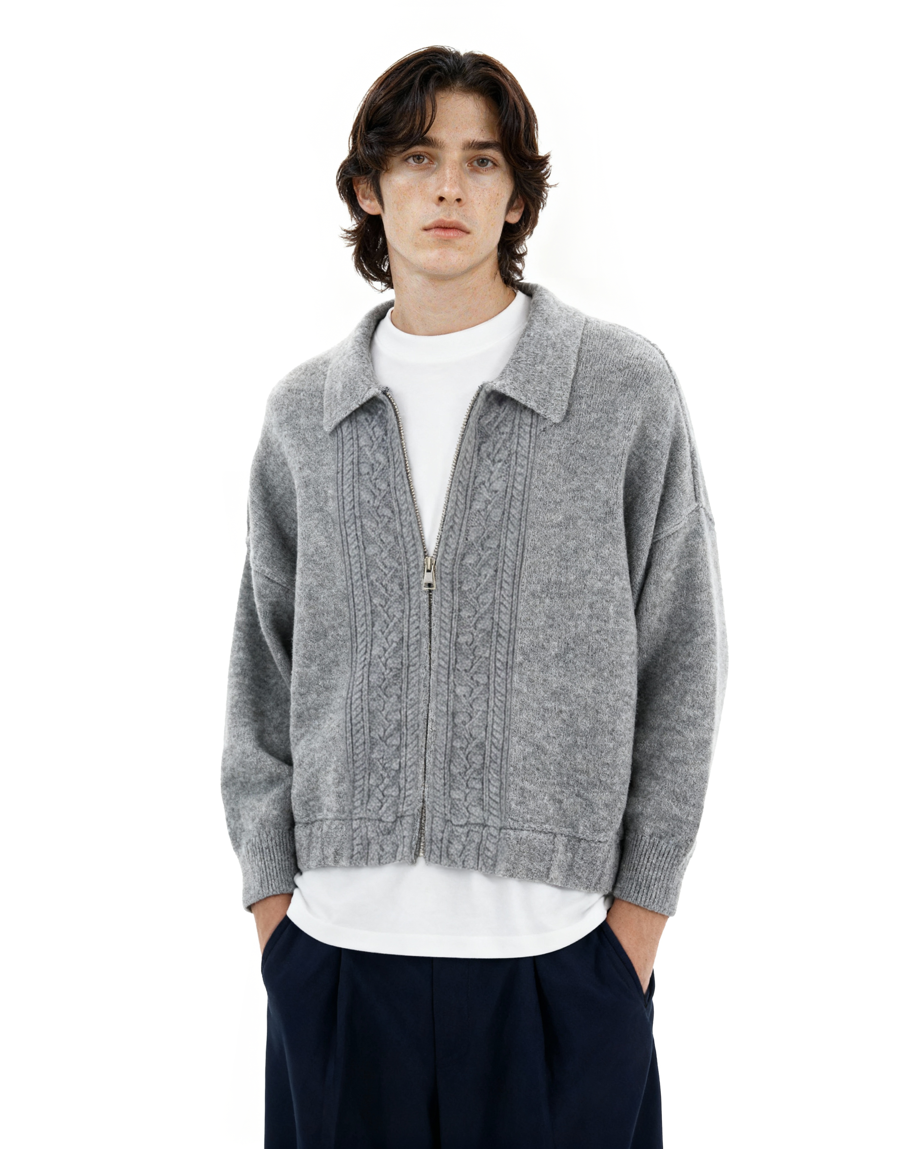 Cable Knit Mid-Crop Zip Cardigan Jacket