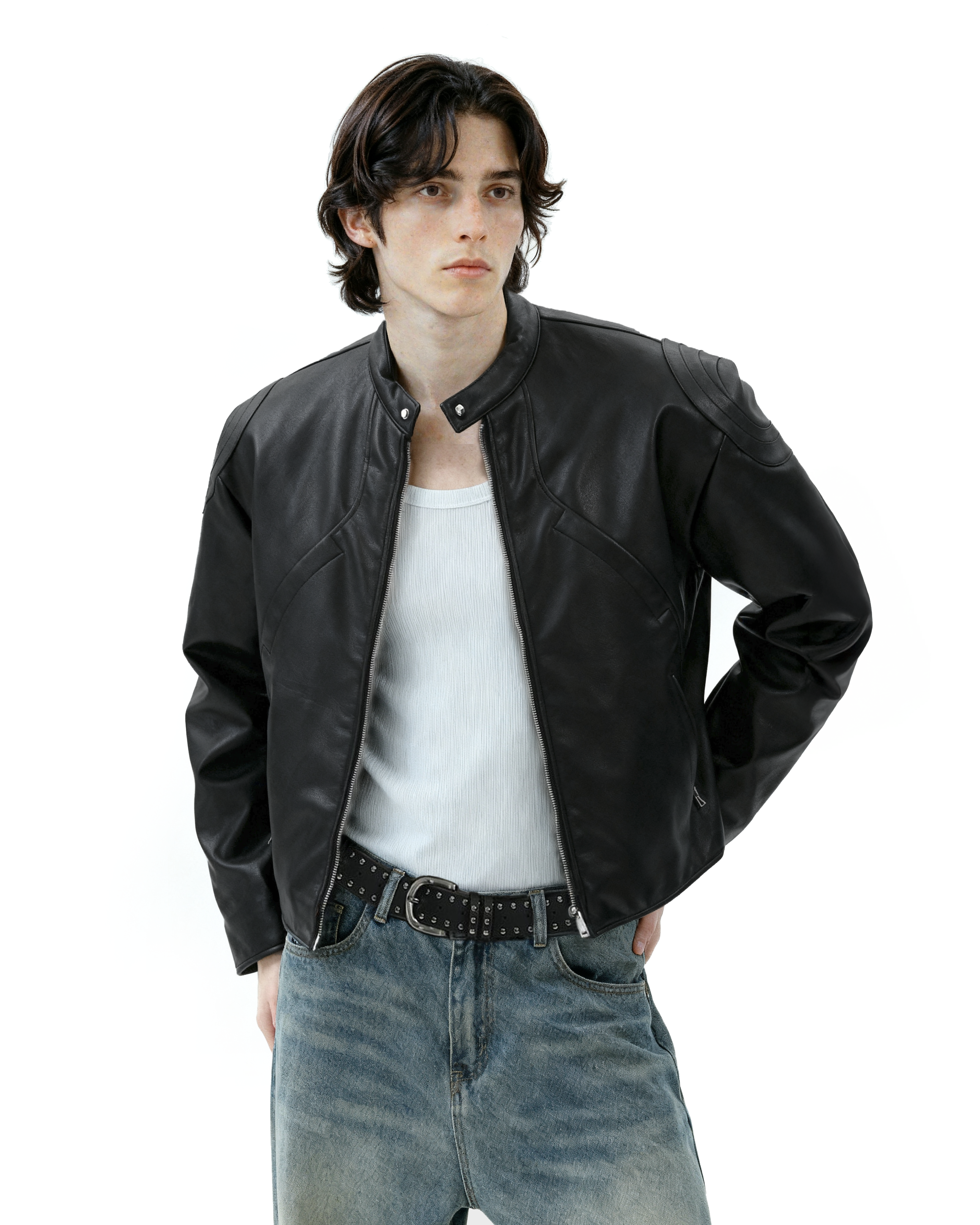 Boxy Faux Leather Racer Jacket with Zip Pockets - nightcity clothing