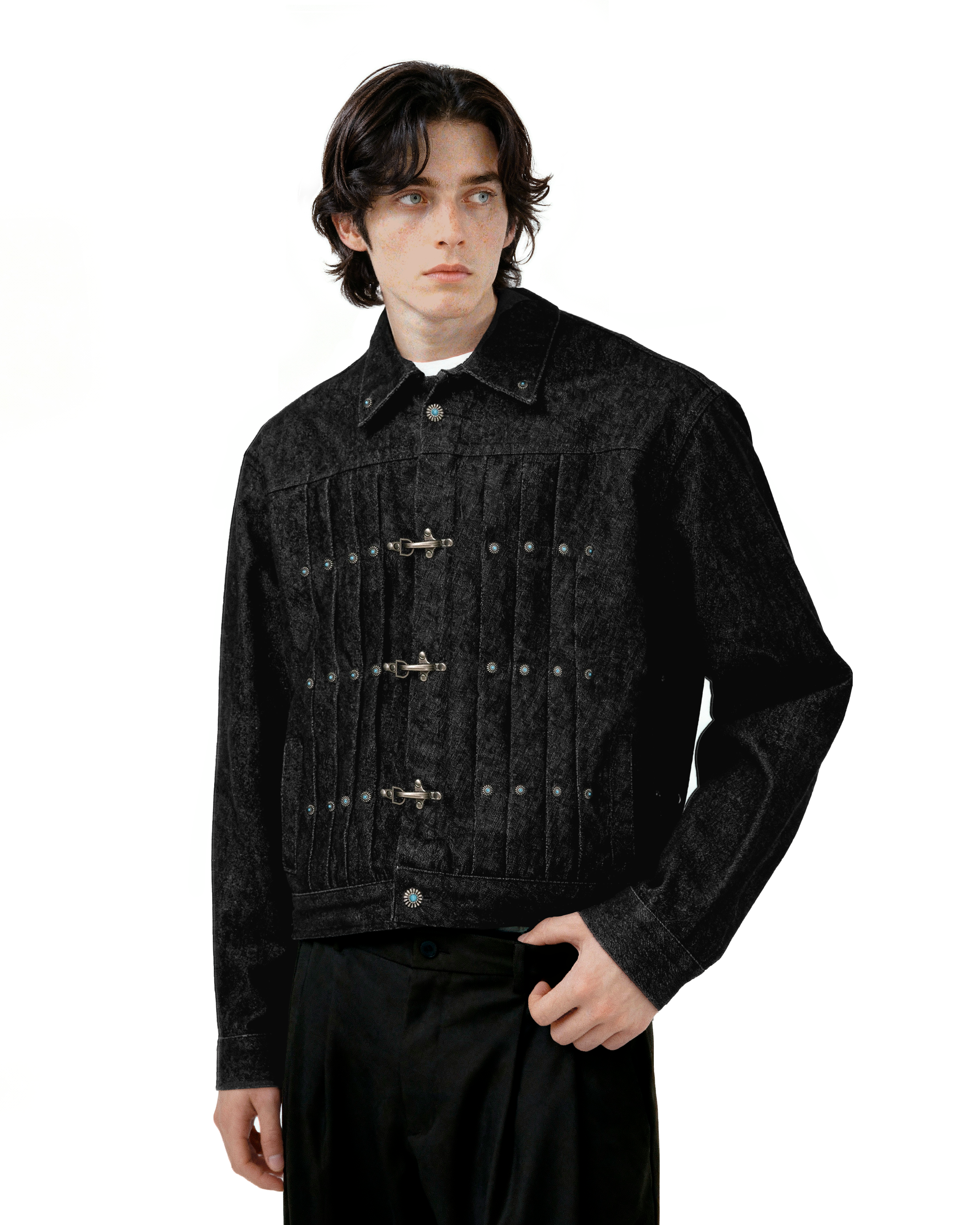 Fireman Clasp Pleated Denim Jacket with Studs - nightcity clothing
