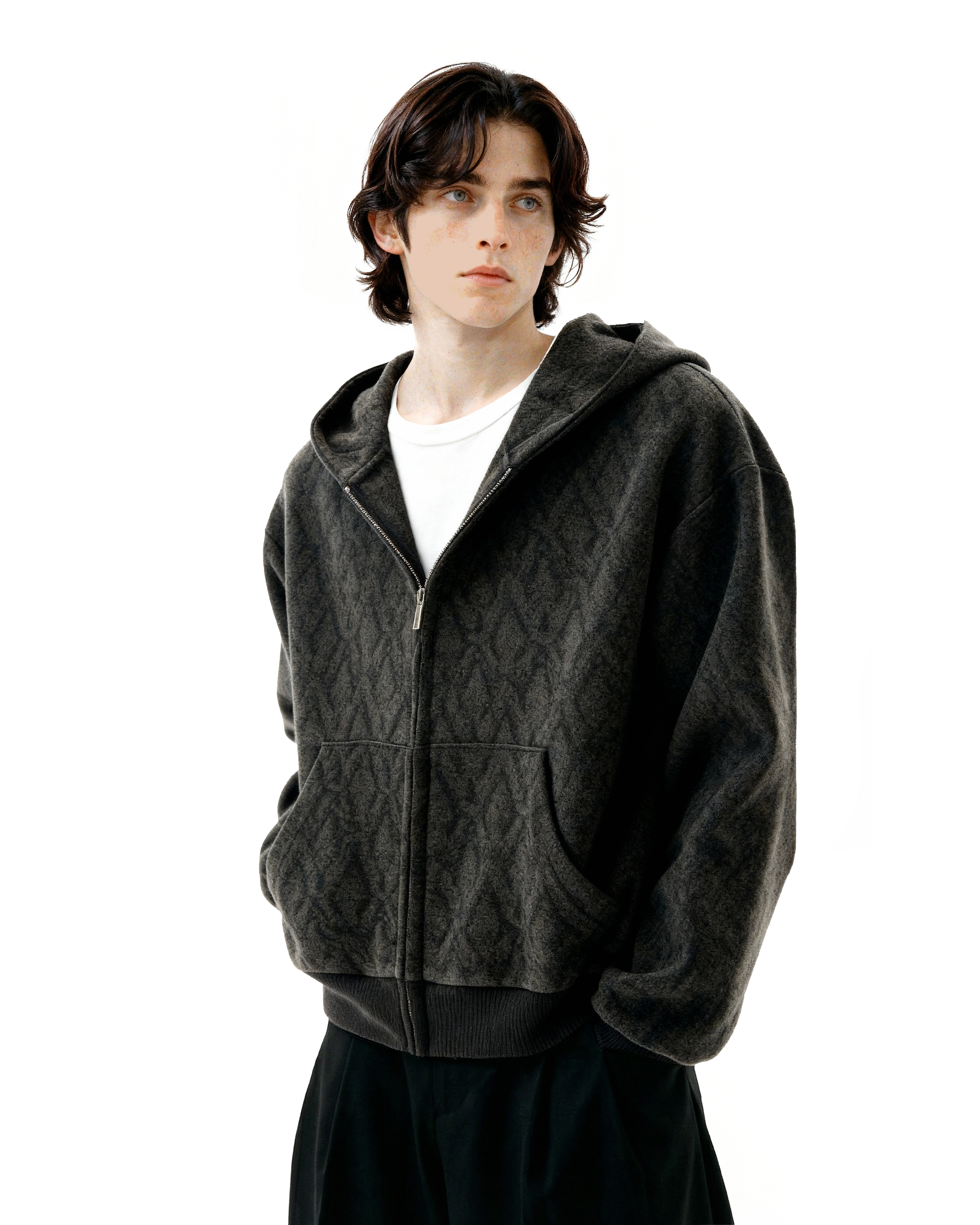 Subtle Pattern Textured Zip-Up Hoodie Jacket